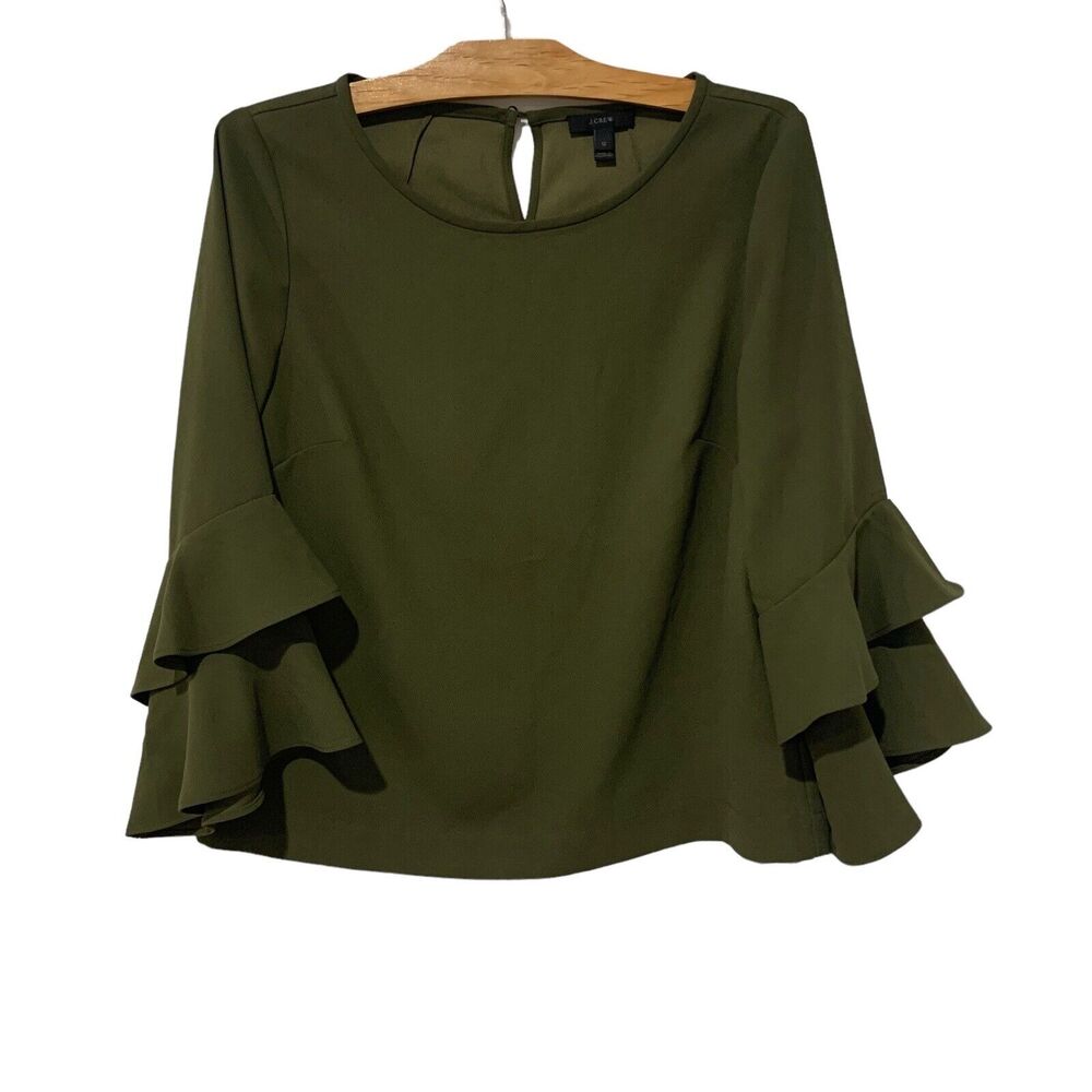 J. Crew Dark Green Flounce Sleeve Blouse